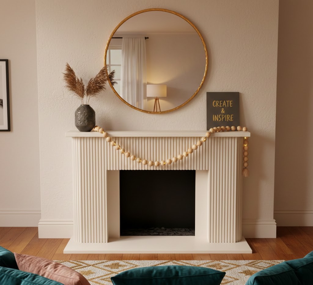 Handcrafted garland on fireplace mantel