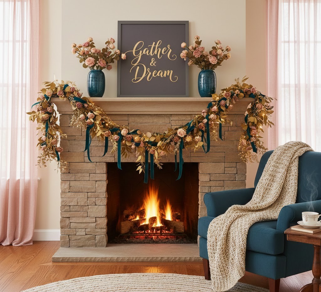 Garland on mantelpiece